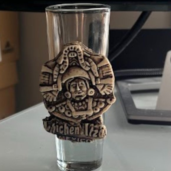 Mayan God Maize Shot Glass Chichén Itzá Mexico Unique Design Used - Picture 2 of 6